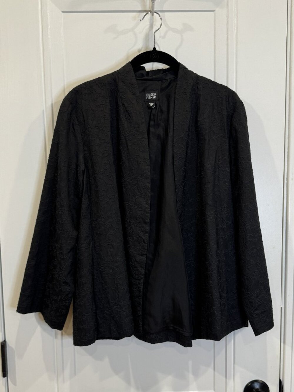 Eileen Fisher 100% Silk Black Open Front Jacket with 100% Silk Lining EUC Y2K